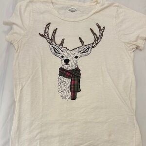 J. Crew Cream Short Sleeve Tee with Deer Graphic and Plaid Scarf